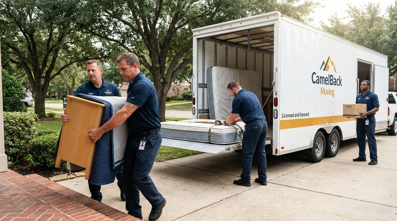 Crew loading residential truck for cross-state move from Vinton, IA