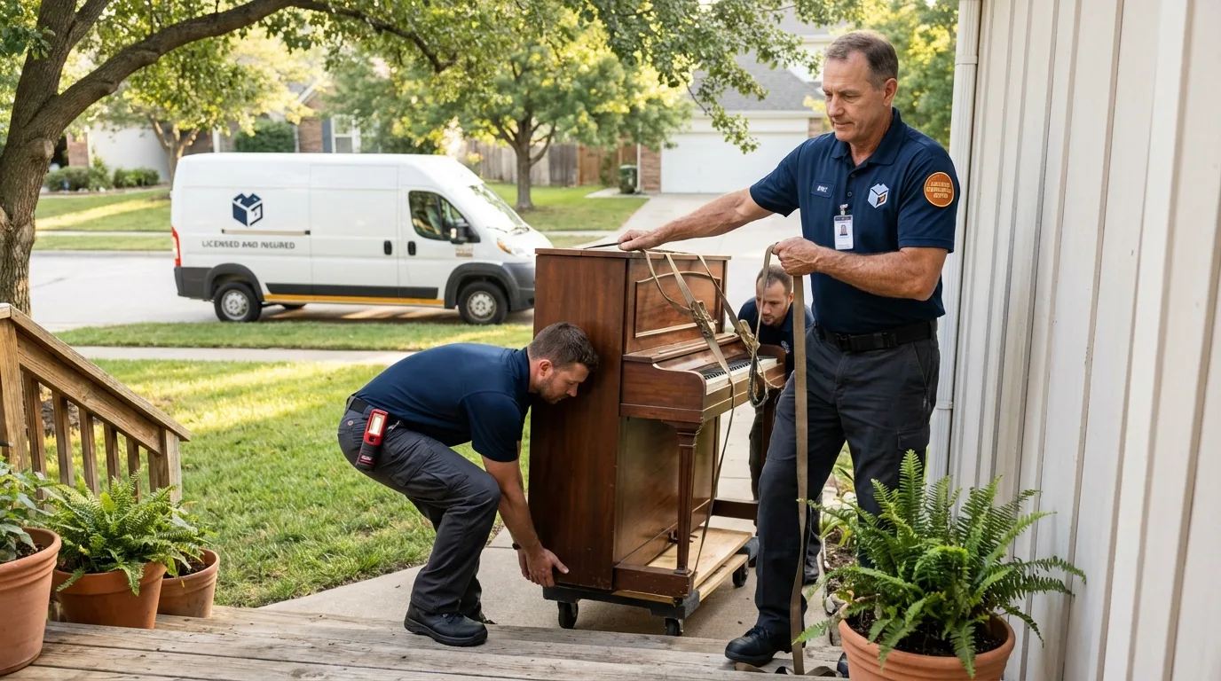 Licensed piano movers securing grand piano in Vinton, IA