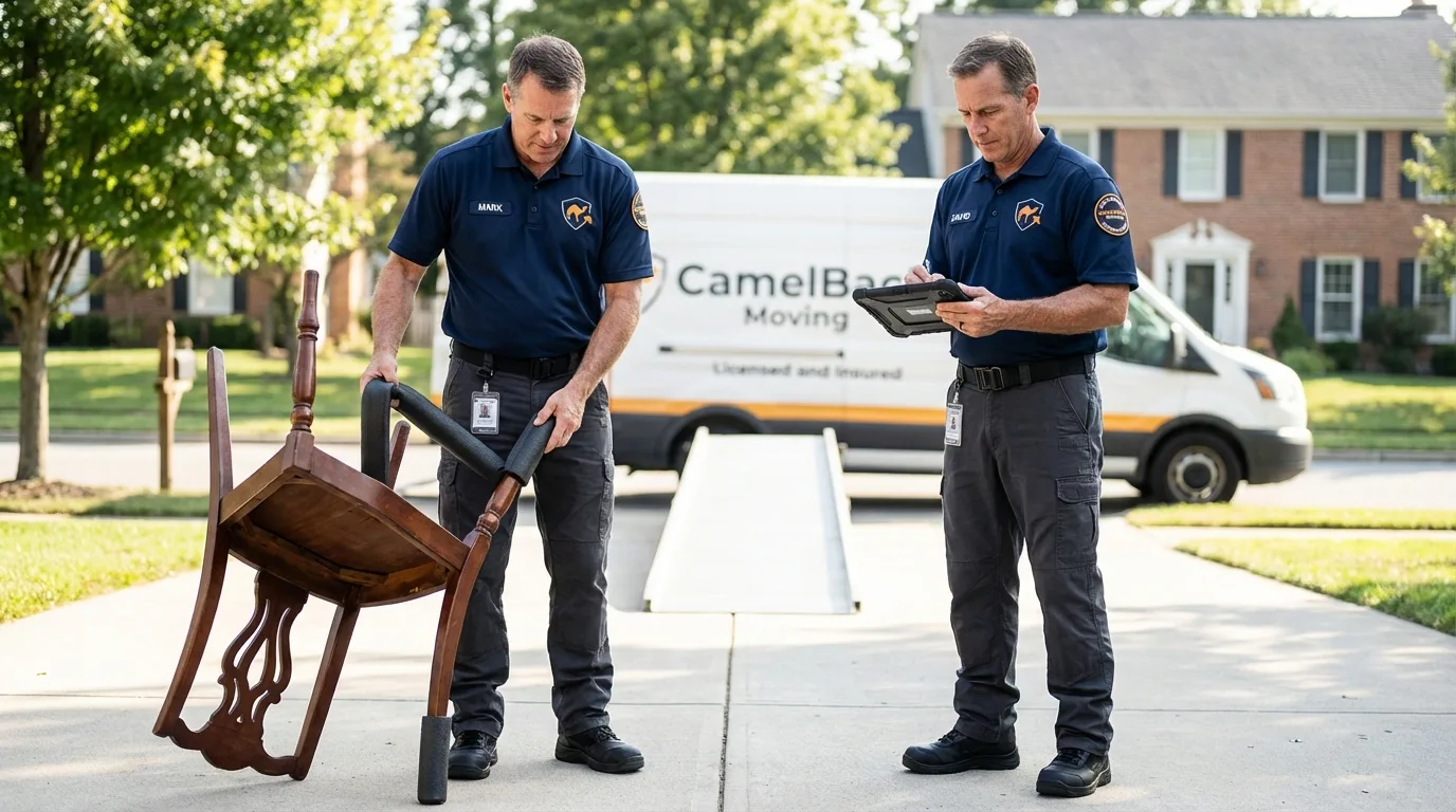 Movers inspecting furniture for damage prevention before loading in Vinton, IA