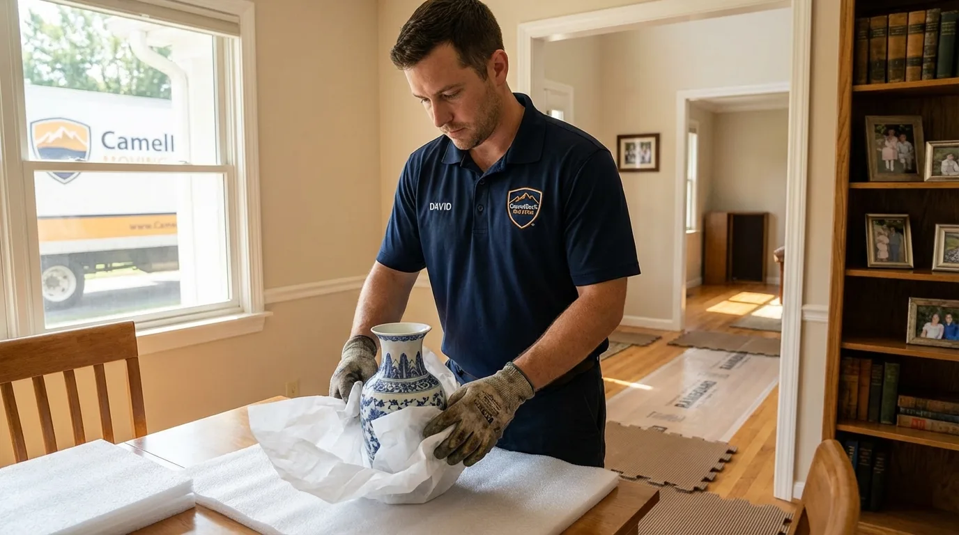 Professional crew carefully wrapping antique vase for senior downsizing move in Vinton, IA
