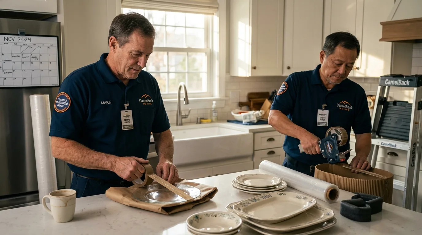 Professional crew packing kitchen dishware in Vinton, IA